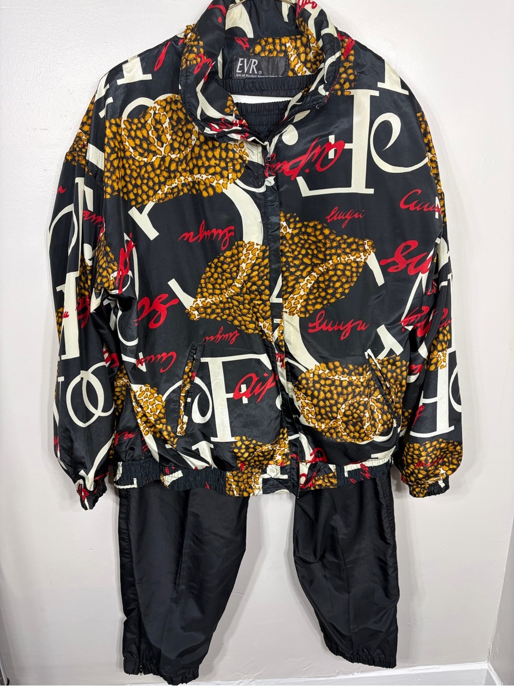 Vtg 90s EVR Sergio Valente Silk Leopard Print Tracksuit Set Bomber Pants Large
